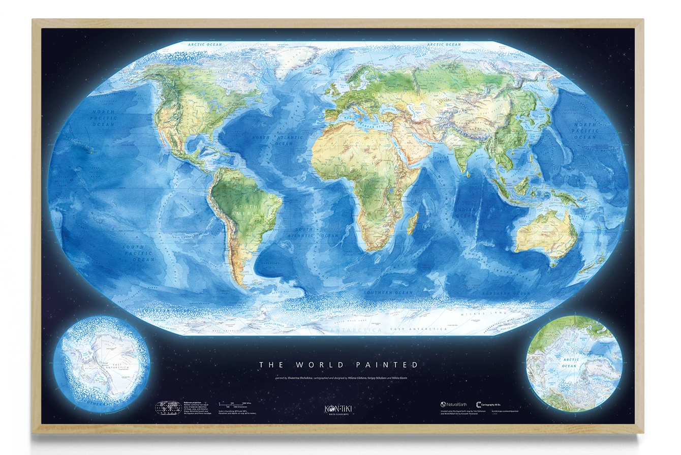 The World Painted framed watercolour world map