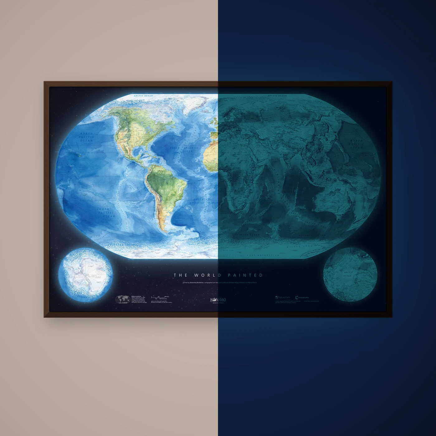 The World Painted glow-in-the-dark print, half by day and half glowing at night